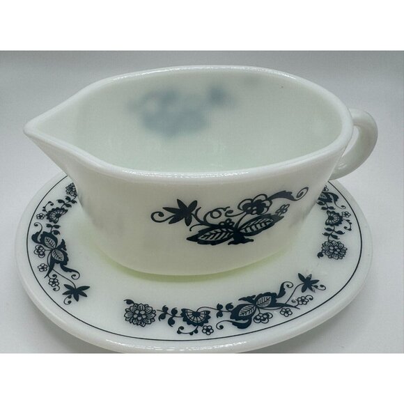Old Town Blue Onion Pyrex Gravy Boat  77-B With Underplate 77-U Original Vintage - Picture 2 of 5